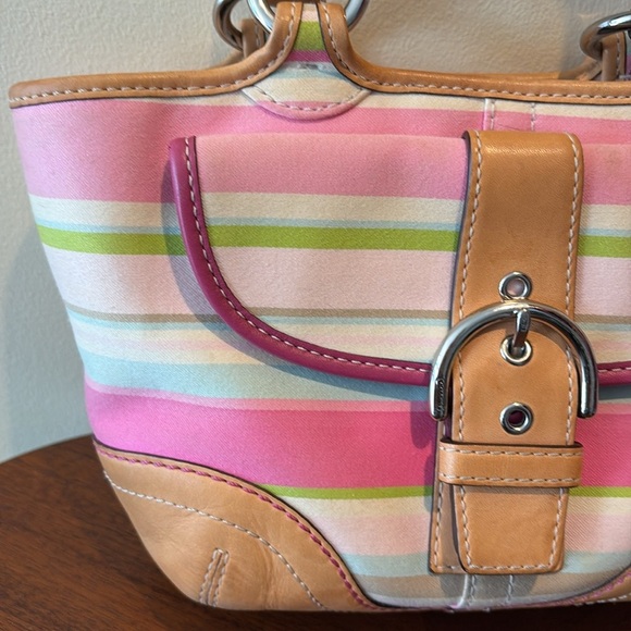 Coach Hampton striped mini bag  Vintage canvas pink green/2 color leather handle - Picture 3 of 15